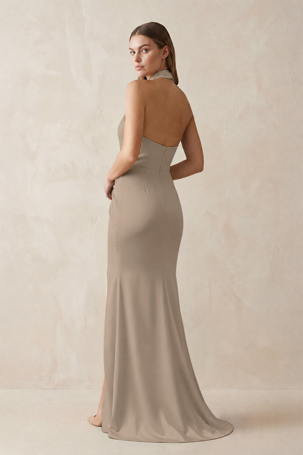 Halter Ruched Sheath Satin Bridesmaid Dress in Almond (2) | KISSBRIDAL