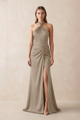Halter Ruched Sheath Satin Bridesmaid Dress in Almond - KISS BRIDAL Bridesmaid Dresses