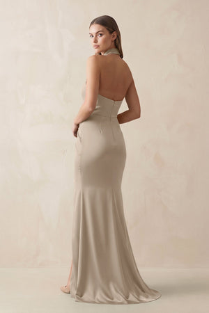 Halter Ruched Sheath Satin Bridesmaid Dress in Almond - KISS BRIDAL Bridesmaid Dresses