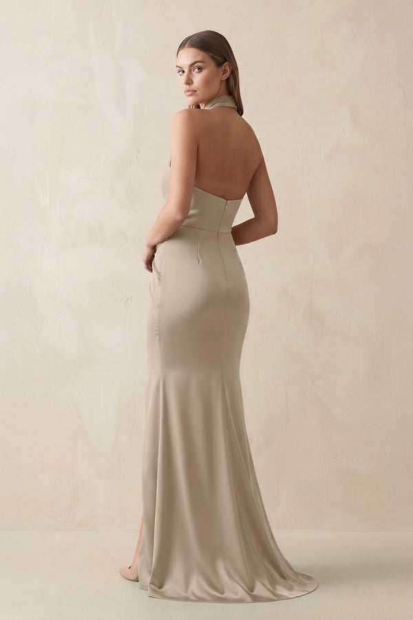 Halter Ruched Sheath Satin Bridesmaid Dress in Almond - KISS BRIDAL Bridesmaid Dresses