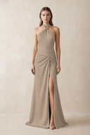 Halter Ruched Sheath Satin Bridesmaid Dress in Almond | KISSBRIDAL