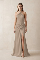Halter Ruched Sheath Satin Bridesmaid Dress in Almond | KISSBRIDAL