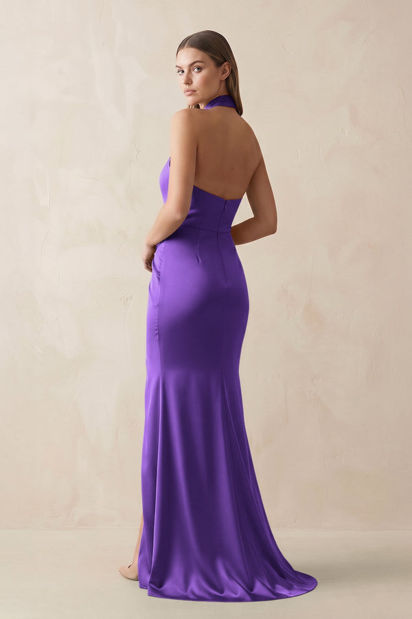 Halter Ruched Sheath Satin Bridesmaid Dress in Amethyst - KISS BRIDAL Bridesmaid Dresses