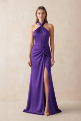 Halter Ruched Sheath Satin Bridesmaid Dress in Amethyst - KISS BRIDAL Bridesmaid Dresses