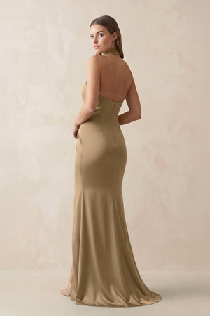 Halter Ruched Sheath Satin Bridesmaid Dress in Apple Cinnamon - KISS BRIDAL Bridesmaid Dresses