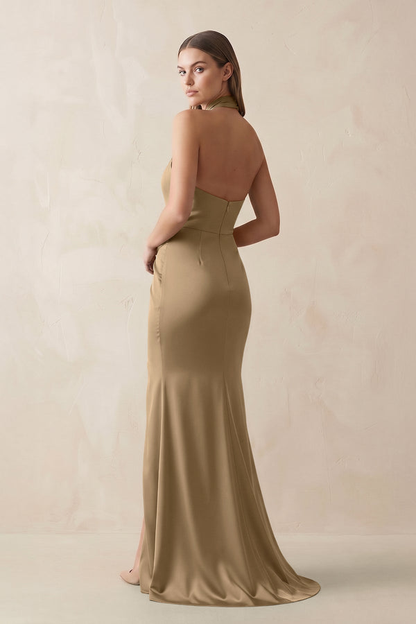 Halter Ruched Sheath Satin Bridesmaid Dress in Apple Cinnamon - KISS BRIDAL Bridesmaid Dresses