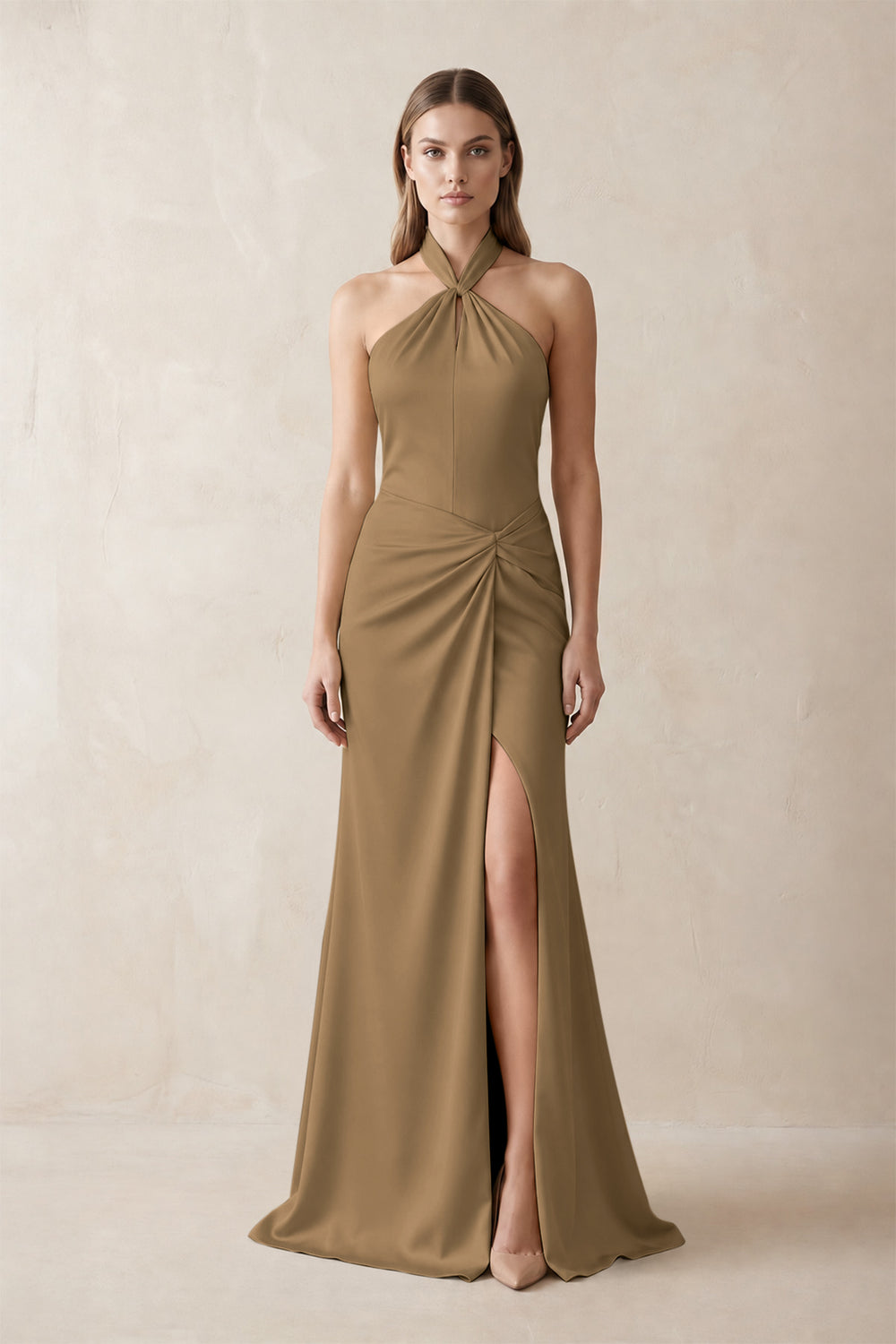 Halter Ruched Sheath Satin Bridesmaid Dress in Apple Cinnamon