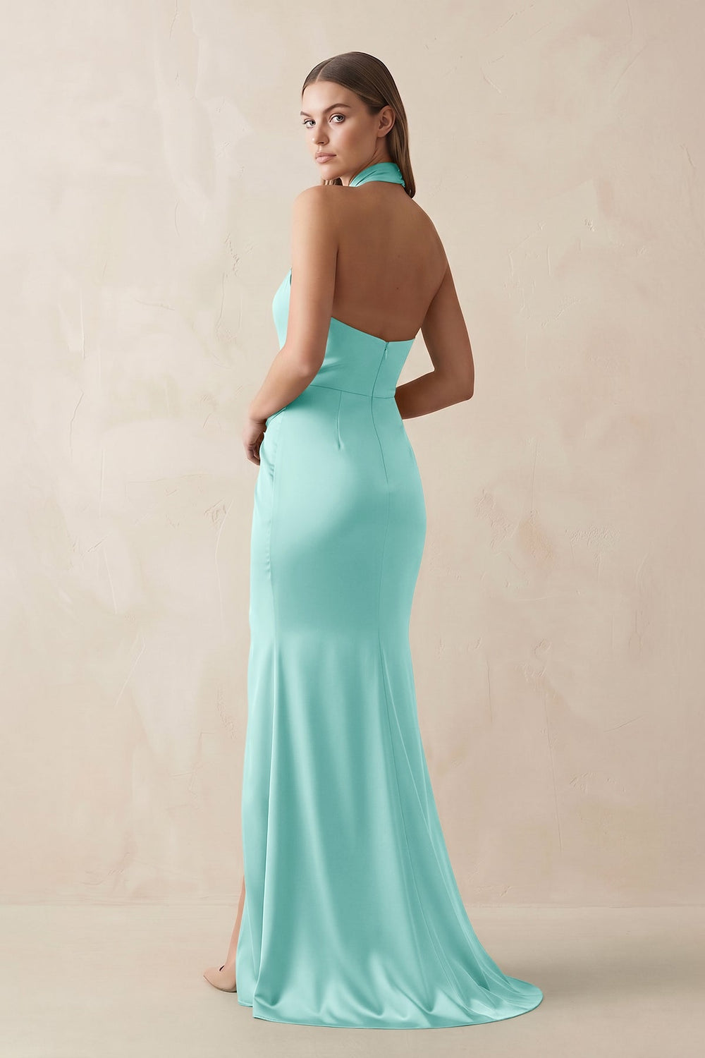 Halter Ruched Sheath Satin Bridesmaid Dress in Aqua - KISS BRIDAL Bridesmaid Dresses