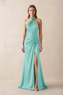 Halter Ruched Sheath Satin Bridesmaid Dress in Aqua - KISS BRIDAL Bridesmaid Dresses