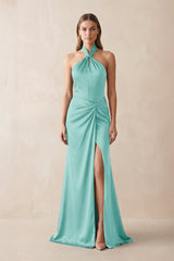 Halter Ruched Sheath Satin Bridesmaid Dress in Aqua - KISS BRIDAL Bridesmaid Dresses