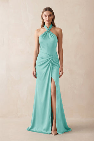Halter Ruched Sheath Satin Bridesmaid Dress in Aqua - KISS BRIDAL Bridesmaid Dresses