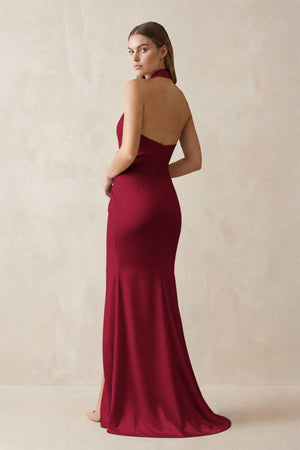 Halter Ruched Sheath Satin Bridesmaid Dress in Berry (2) | KISSBRIDAL