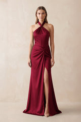 Halter Ruched Sheath Satin Bridesmaid Dress in Berry - KISS BRIDAL Bridesmaid Dresses