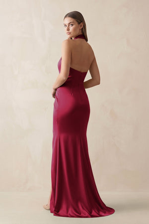 Halter Ruched Sheath Satin Bridesmaid Dress in Berry - KISS BRIDAL Bridesmaid Dresses