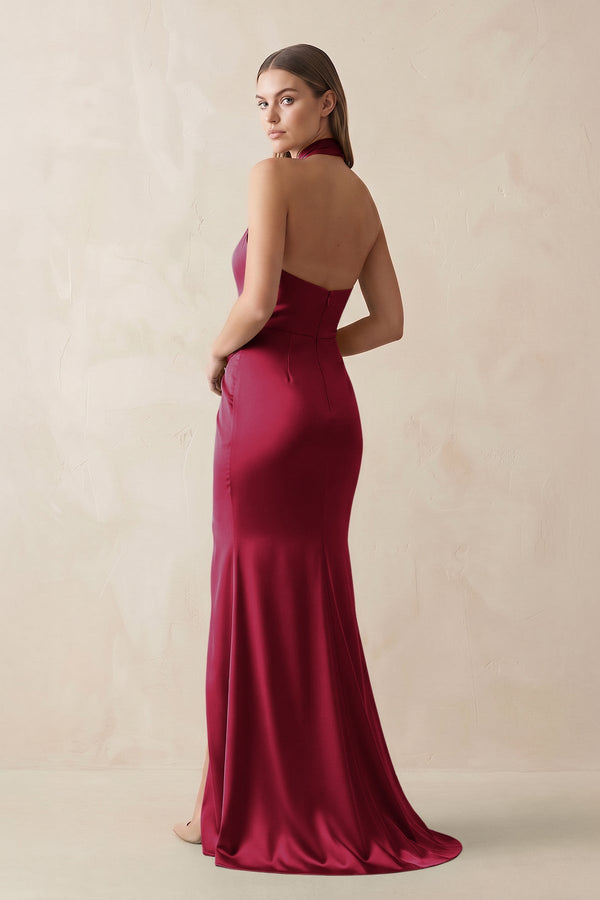 Halter Ruched Sheath Satin Bridesmaid Dress in Berry - KISS BRIDAL Bridesmaid Dresses