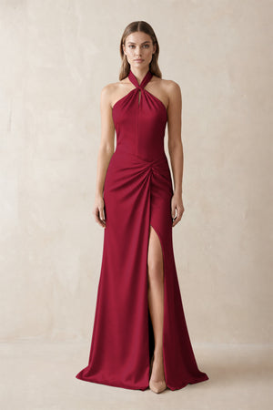 Halter Ruched Sheath Satin Bridesmaid Dress in Berry | KISSBRIDAL