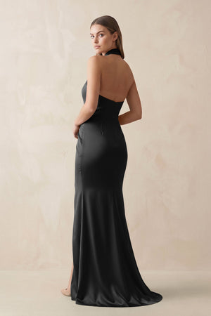 Halter Ruched Sheath Satin Bridesmaid Dress in Black - KISS BRIDAL Bridesmaid Dresses