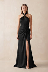 Halter Ruched Sheath Satin Bridesmaid Dress in Black - KISS BRIDAL Bridesmaid Dresses