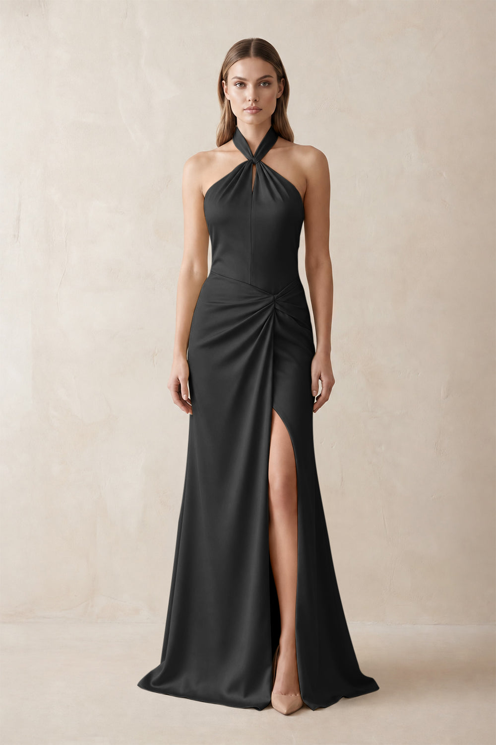 Halter Ruched Sheath Satin Bridesmaid Dress in Black