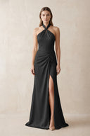 Halter Ruched Sheath Satin Bridesmaid Dress in Black | KISSBRIDAL