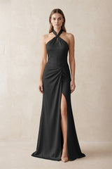 Halter Ruched Sheath Satin Bridesmaid Dress in Black | KISSBRIDAL