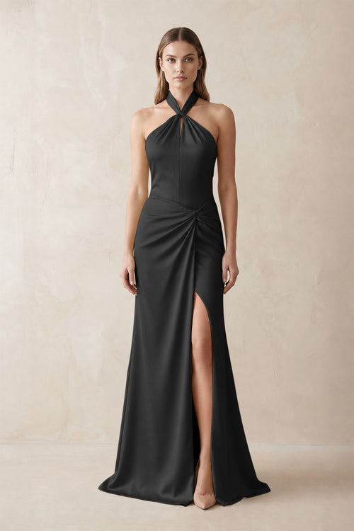 Halter Ruched Sheath Satin Bridesmaid Dress in Black | KISSBRIDAL
