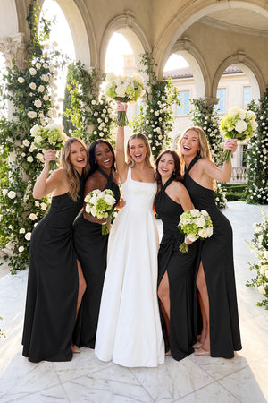 Halter Ruched Sheath Satin Bridesmaid Dress in Black | KISSBRIDAL