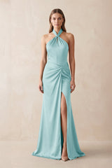 Halter Ruched Sheath Satin Bridesmaid Dress in Bleached Aqua - KISS BRIDAL Bridesmaid Dresses