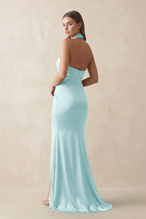 Halter Ruched Sheath Satin Bridesmaid Dress in Bleached Aqua - KISS BRIDAL Bridesmaid Dresses