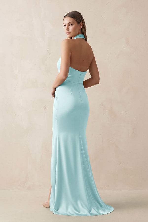 Halter Ruched Sheath Satin Bridesmaid Dress in Bleached Aqua - KISS BRIDAL Bridesmaid Dresses