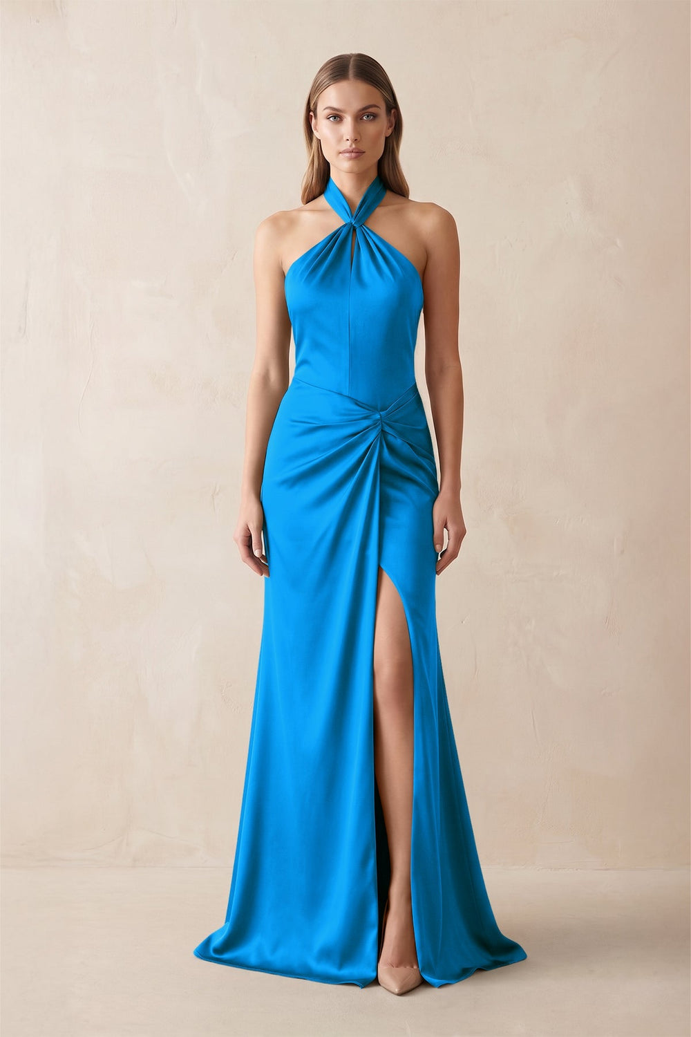 Halter Ruched Sheath Satin Bridesmaid Dress in Blue Jay - KISS BRIDAL Bridesmaid Dresses