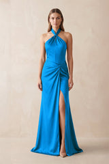 Halter Ruched Sheath Satin Bridesmaid Dress in Blue Jay - KISS BRIDAL Bridesmaid Dresses
