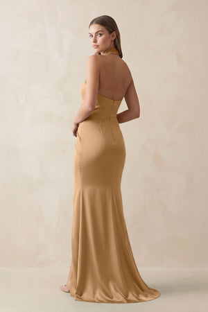 Halter Ruched Sheath Satin Bridesmaid Dress in Bronzer - KISS BRIDAL Bridesmaid Dresses