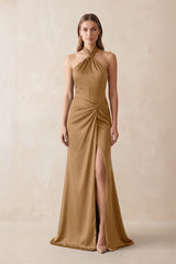 Halter Ruched Sheath Satin Bridesmaid Dress in Bronzer - KISS BRIDAL Bridesmaid Dresses