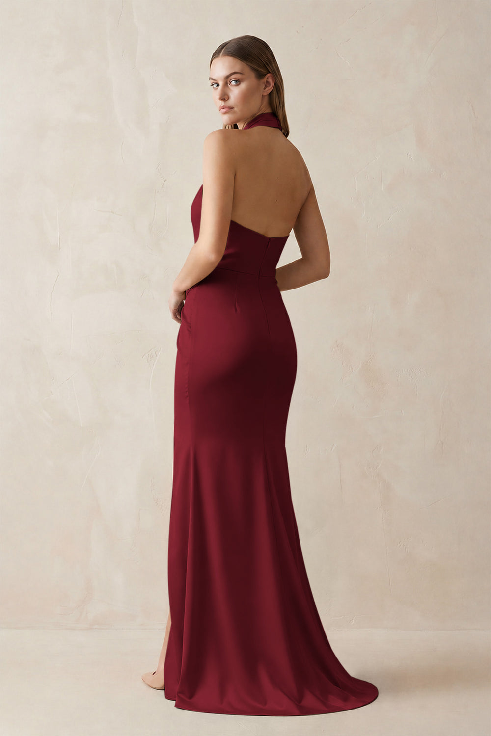 Halter Ruched Sheath Satin Bridesmaid Dress in Burgundy