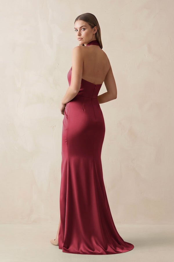 Halter Ruched Sheath Satin Bridesmaid Dress in Burgundy - KISS BRIDAL Bridesmaid Dresses