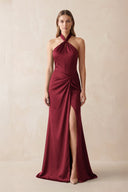 Halter Ruched Sheath Satin Bridesmaid Dress in Burgundy - KISS BRIDAL Bridesmaid Dresses