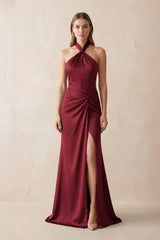 Halter Ruched Sheath Satin Bridesmaid Dress in Burgundy - KISS BRIDAL Bridesmaid Dresses