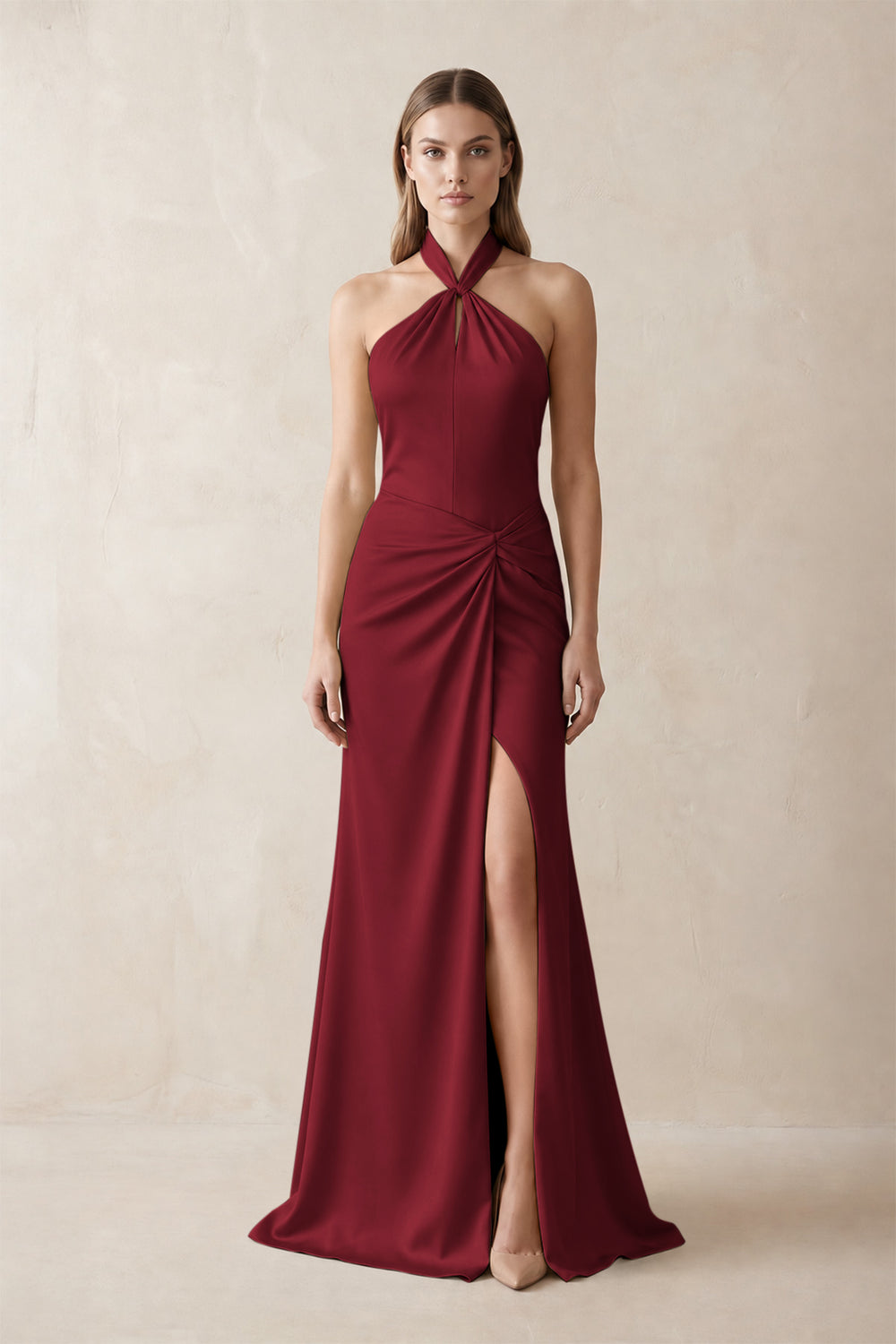 Halter Ruched Sheath Satin Bridesmaid Dress in Burgundy