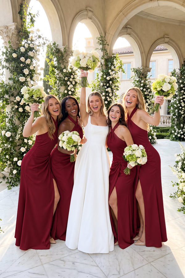 Halter Ruched Sheath Satin Bridesmaid Dress in Burgundy | KISSBRIDAL