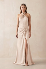 Halter Ruched Sheath Satin Bridesmaid Dress in Buttercream - KISS BRIDAL Bridesmaid Dresses