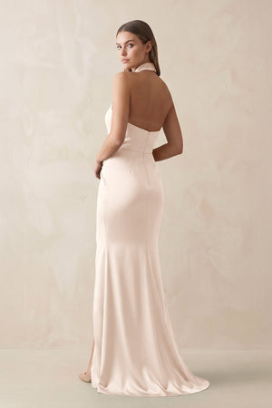 Halter Ruched Sheath Satin Bridesmaid Dress in Buttercream - KISS BRIDAL Bridesmaid Dresses