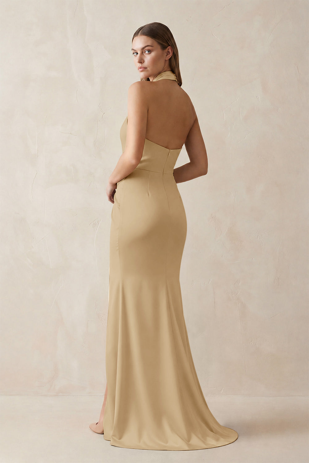 Halter Ruched Sheath Satin Bridesmaid Dress in Champagne
