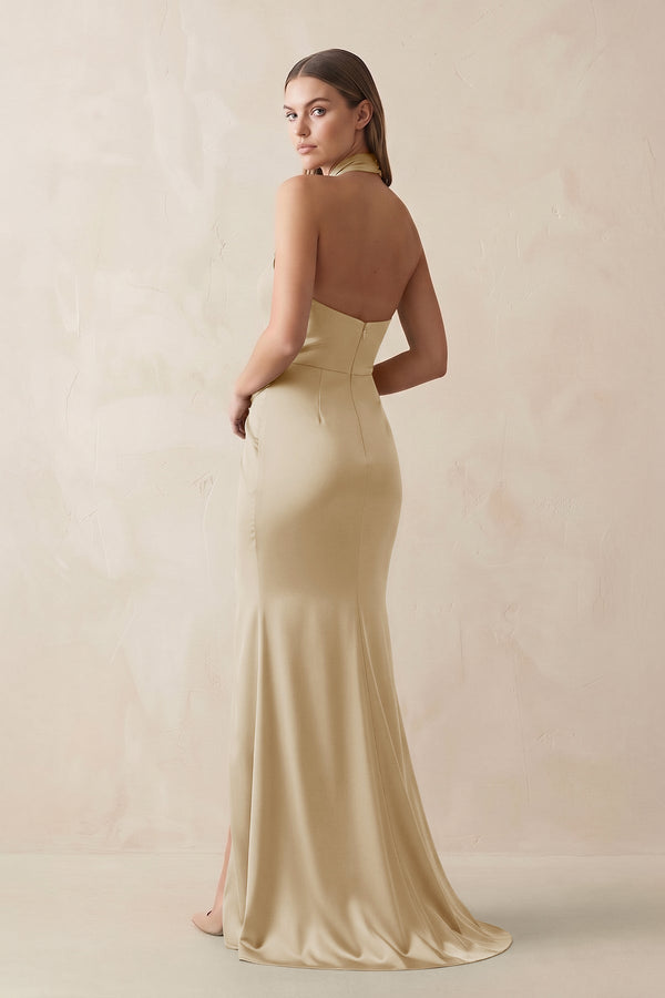 Halter Ruched Sheath Satin Bridesmaid Dress in Champagne - KISS BRIDAL Bridesmaid Dresses