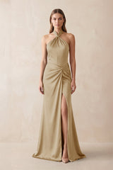 Halter Ruched Sheath Satin Bridesmaid Dress in Champagne - KISS BRIDAL Bridesmaid Dresses
