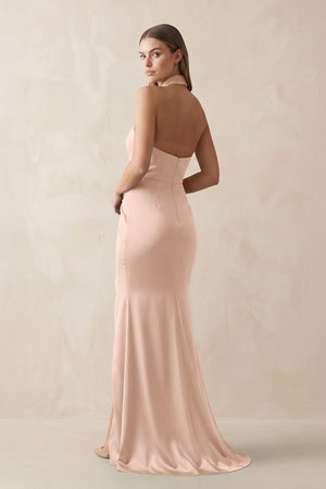 Halter Ruched Sheath Satin Bridesmaid Dress in Champagne Rose - KISS BRIDAL Bridesmaid Dresses