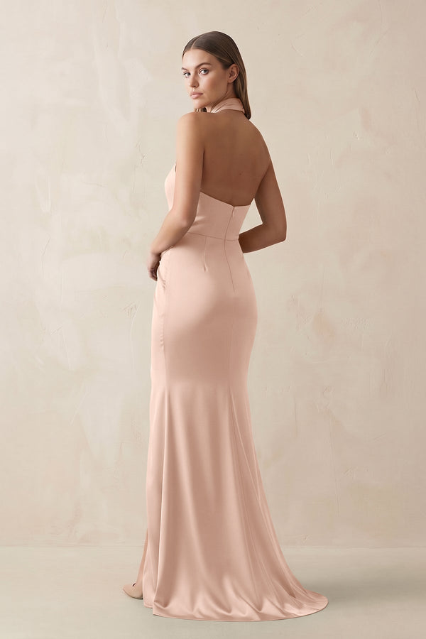 Halter Ruched Sheath Satin Bridesmaid Dress in Champagne Rose - KISS BRIDAL Bridesmaid Dresses