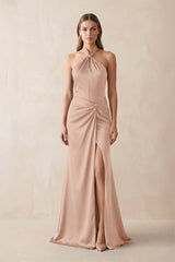 Halter Ruched Sheath Satin Bridesmaid Dress in Champagne Rose - KISS BRIDAL Bridesmaid Dresses