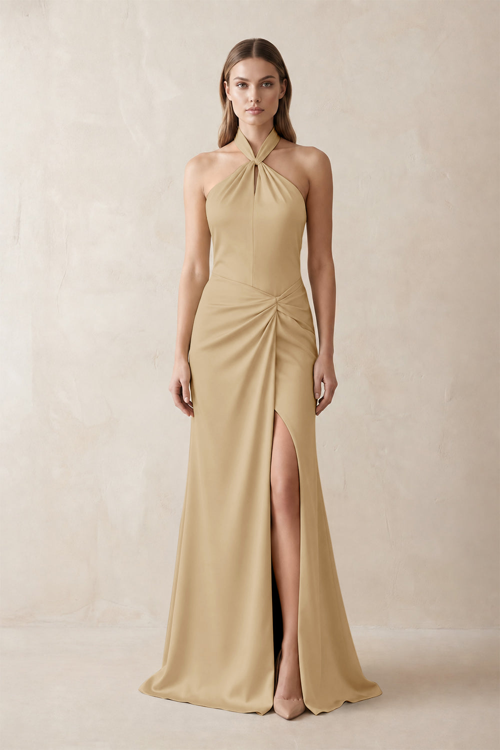 Halter Ruched Sheath Satin Bridesmaid Dress in Champagne