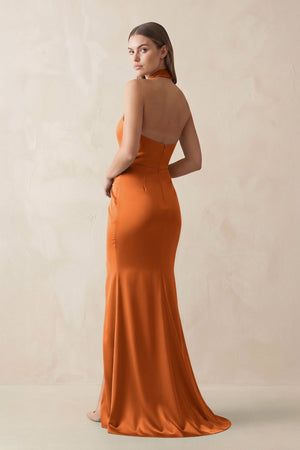 Halter Ruched Sheath Satin Bridesmaid Dress in Cinnamon - KISS BRIDAL Bridesmaid Dresses